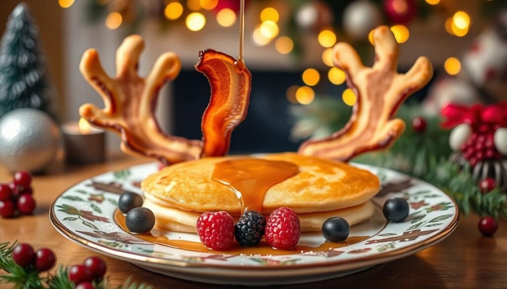 Antler-shaped pancakes with bacon features