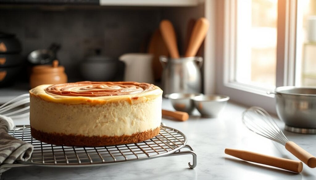 Cinnamon Roll Cheesecake Cooling Process