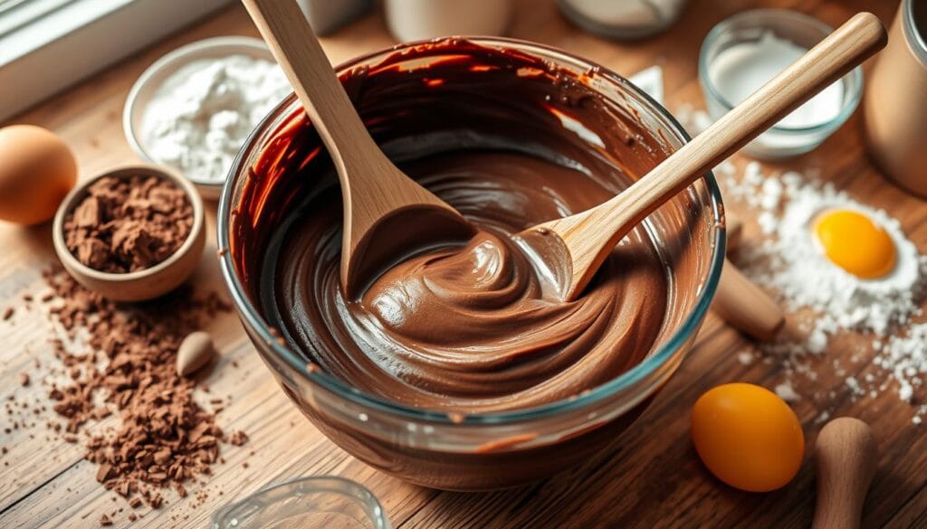 Mixing chocolate pound cake batter